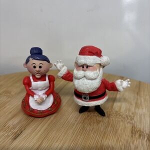 Vintage Rudolph Santa Mrs Claus Figure Set Red Dress Gold Stars Playing Mantis